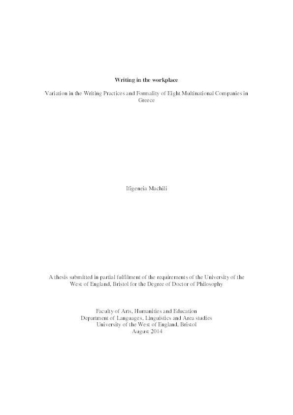 Writing in the workplace: Variation in the writing practices and formality of eight multinational companies in Greece Thumbnail