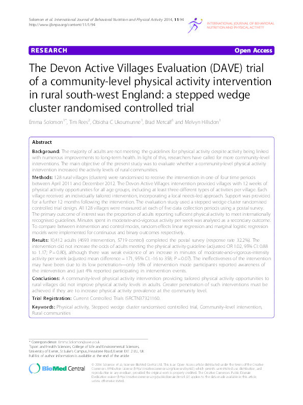 The Devon Active Villages Evaluation (DAVE) trial: Study protocol of a stepped wedge cluster randomised trial of a community-level physical activity intervention in rural southwest England Thumbnail