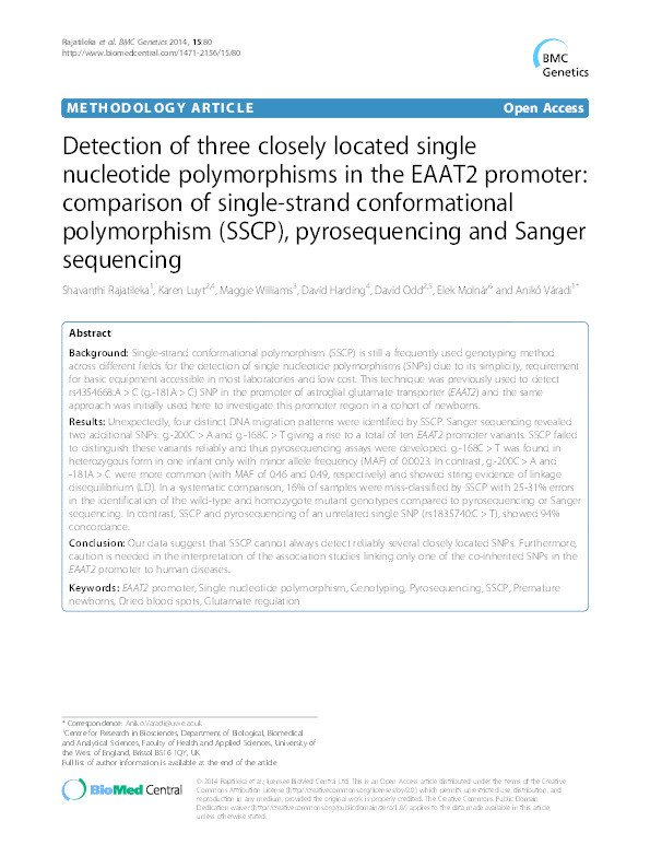 Detection of three closely located single nucleotide polymorphisms in the EAAT2 promoter: Comparison of single-strand conformational polymorphism (SSCP), pyrosequencing and Sanger sequencing Thumbnail