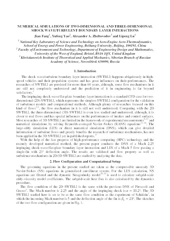 Numerical simulations of two-dimensional and three-dimensional shock wave/turbulent boundary layer interactions Thumbnail
