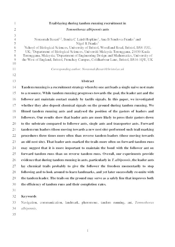 Trail laying during tandem-running recruitment in the ant Temnothorax albipennis Thumbnail