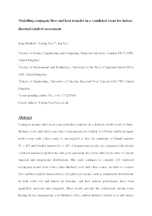 Modelling conjugate flow and heat transfer in a ventilated room for indoor thermal comfort assessment Thumbnail