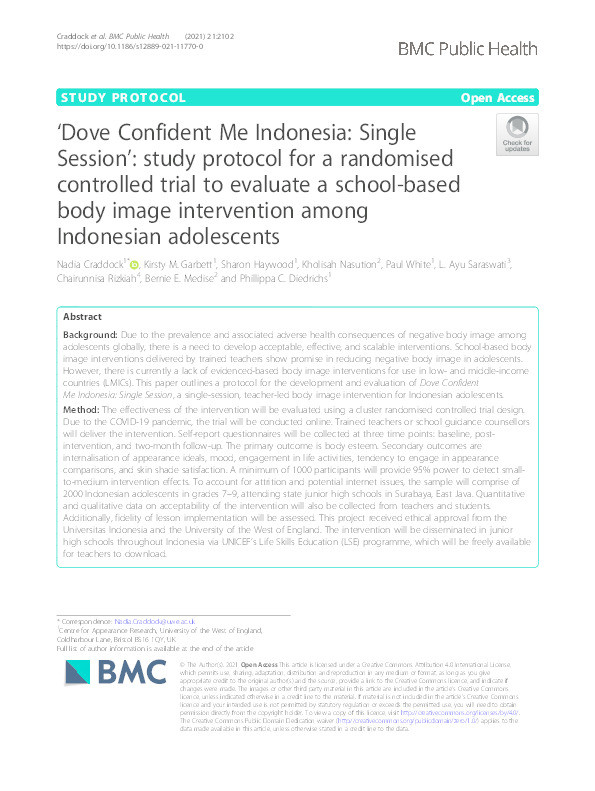 ‘Dove Confident Me Indonesia: Single Session’: Study protocol for a randomised controlled trial to evaluate a school-based body image intervention among Indonesian adolescents Thumbnail