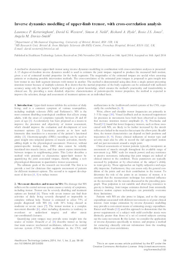 Inverse dynamics modelling of upper-limb tremor, with cross-correlation analysis Thumbnail