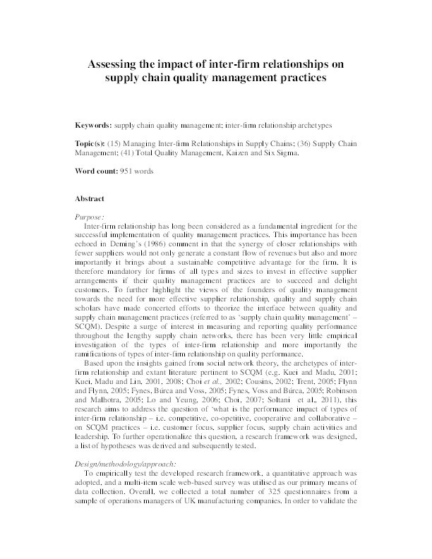 Assessing the impact of inter-firm relationships on supply chain quality management practices Thumbnail