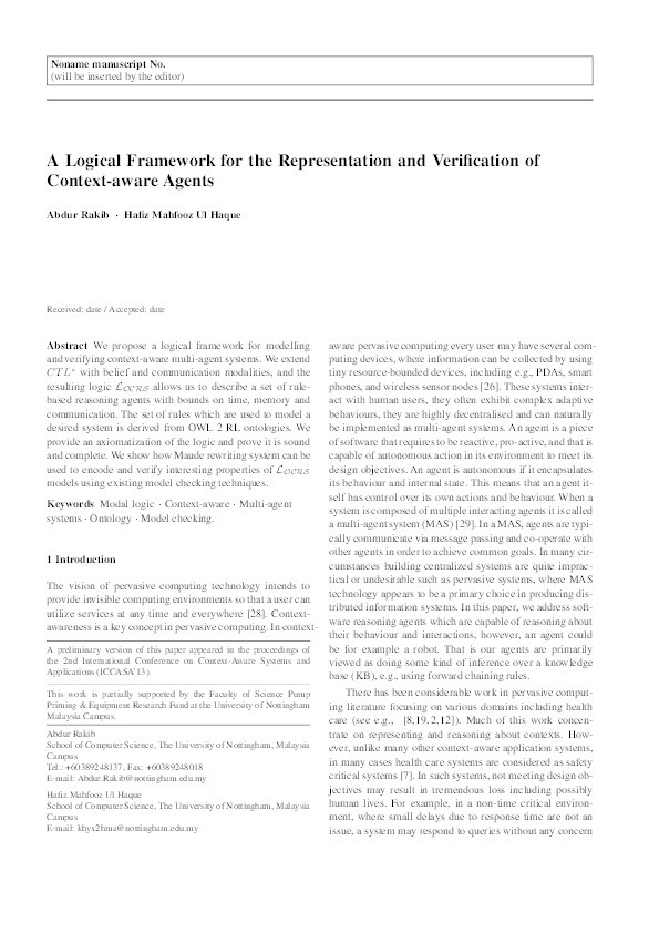 A Logical Framework for the Representation and Verification of Context-aware Agents Thumbnail