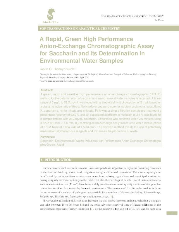 A rapid, green high performance anion-exchange chromatographic assay for saccharin and its determination in environmental water samples Thumbnail