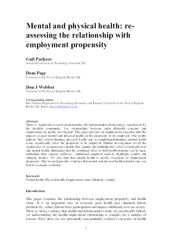 Mental and physical health: Re-assessing the relationship with employment propensity Thumbnail