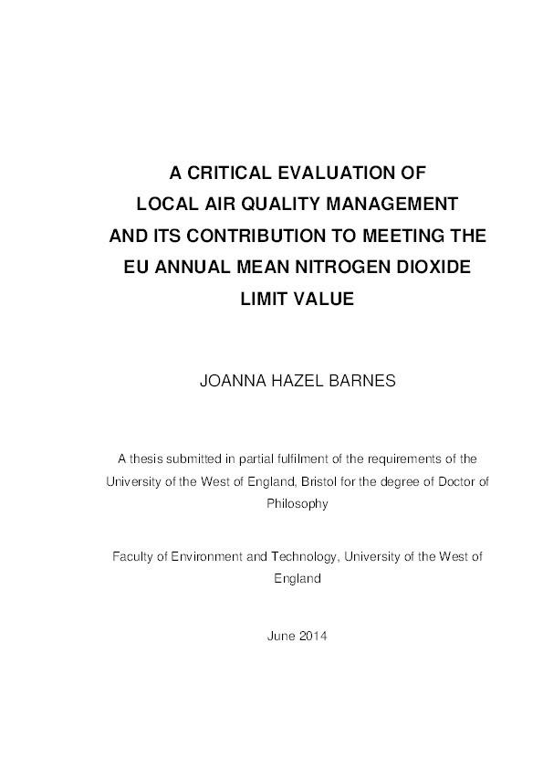 A critical evaluation of local air quality management and its contribution to meeting the EU annual mean nitrogen dioxide limit value Thumbnail