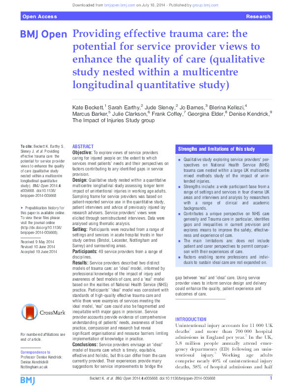 Providing effective trauma care: The potential for service provider views to enhance the quality of care (qualitative study nested within a multicentre longitudinal quantitative study) Thumbnail
