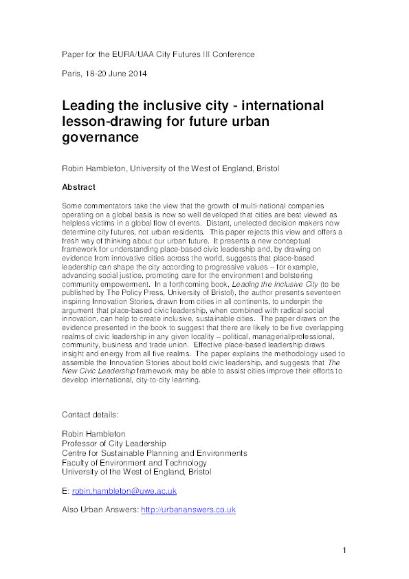 Leading the inclusive city: International lesson drawing for future urban governance Thumbnail