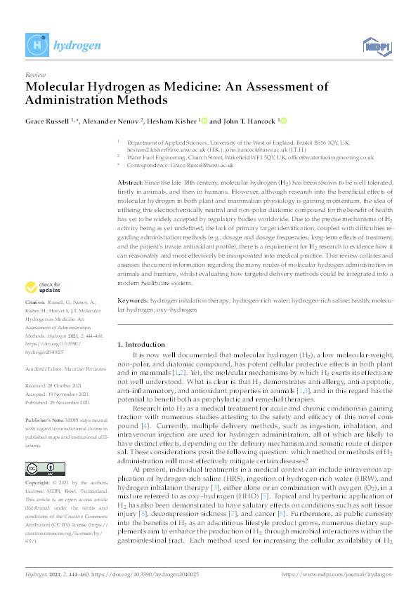 Molecular hydrogen as medicine: An assessment of administration methods Thumbnail
