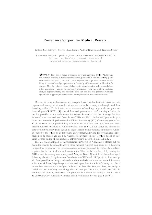 Provenance support for medical research Thumbnail