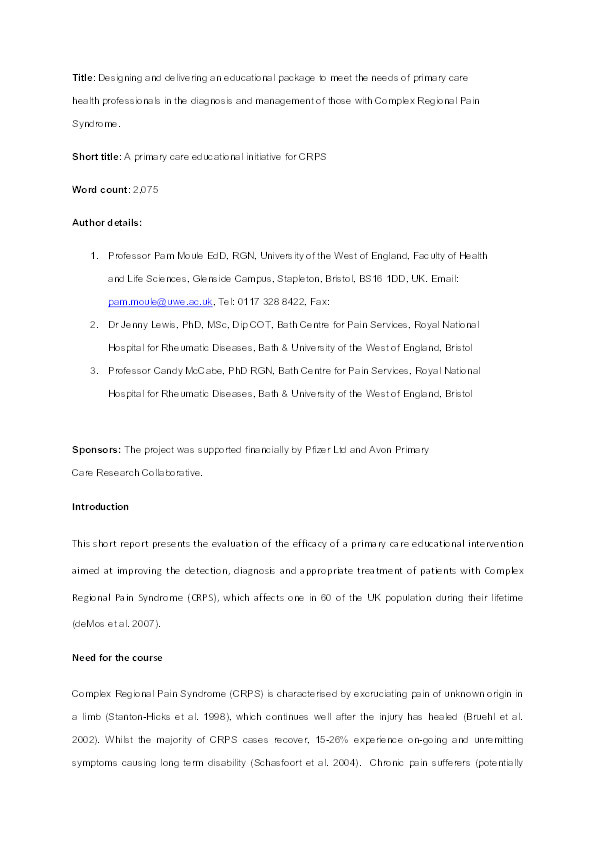 Designing and delivering an educational package to meet the needs of primary care health professionals in the diagnosis and management of those with complex regional pain syndrome Thumbnail