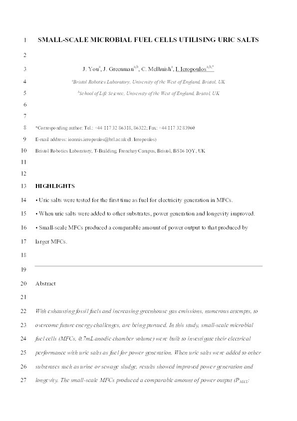 Small-scale microbial fuel cells utilising uric salts Thumbnail