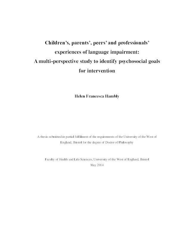 Children's, parents', peers' and professionals'experiences of language impairment: A multi-perspective study to identify psychosocial goals for intervention Thumbnail