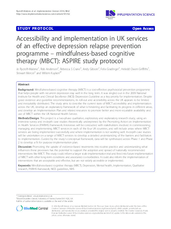 Accessibility and implementation in UK services of an effective depression relapse prevention programme - mindfulness-based cognitive therapy (MBCT): ASPIRE study protocol Thumbnail