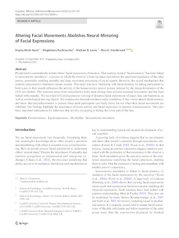 Altering facial movements abolishes neural mirroring of facial expressions Thumbnail