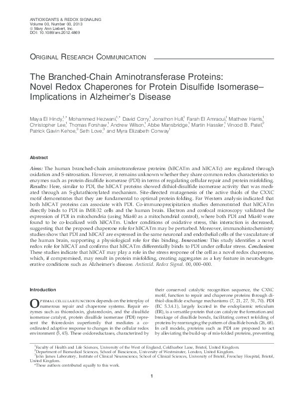 The branched-chain aminotransferase proteins: Novel redox chaperones for protein disulfide isomerase-implications in Alzheimer's disease Thumbnail