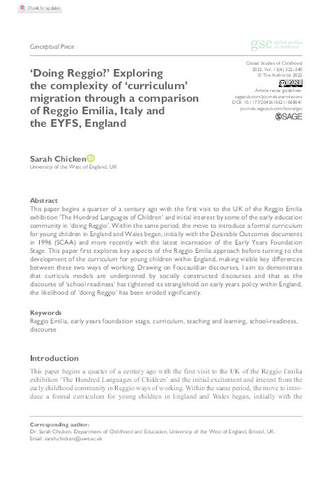 ‘Doing Reggio?’ Exploring the complexity of ‘curriculum’ migration through a comparison of Reggio Emilia, Italy and the EYFS, England Thumbnail