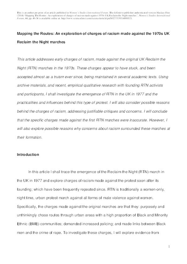 Mapping the Routes: An exploration of charges of racism made against the 1970s UK Reclaim the Night marches Thumbnail