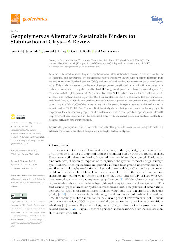 Geopolymers as alternative sustainable binders for stabilisation of clays - A Review Thumbnail
