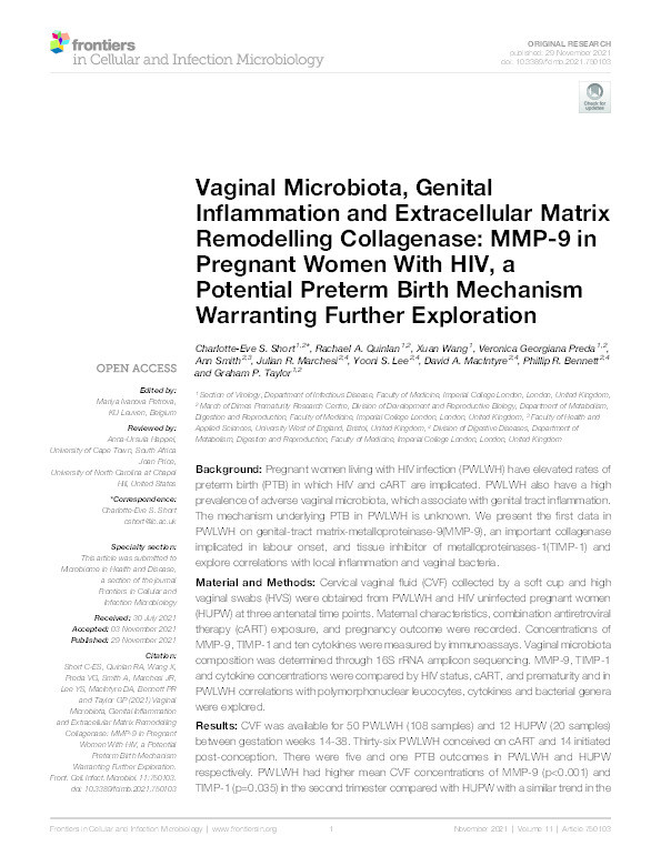 Vaginal microbiota, genital inflammation and extracellular matrix remodelling collagenase: MMP-9 in pregnant women with HIV, a potential preterm birth mechanism warranting further exploration Thumbnail