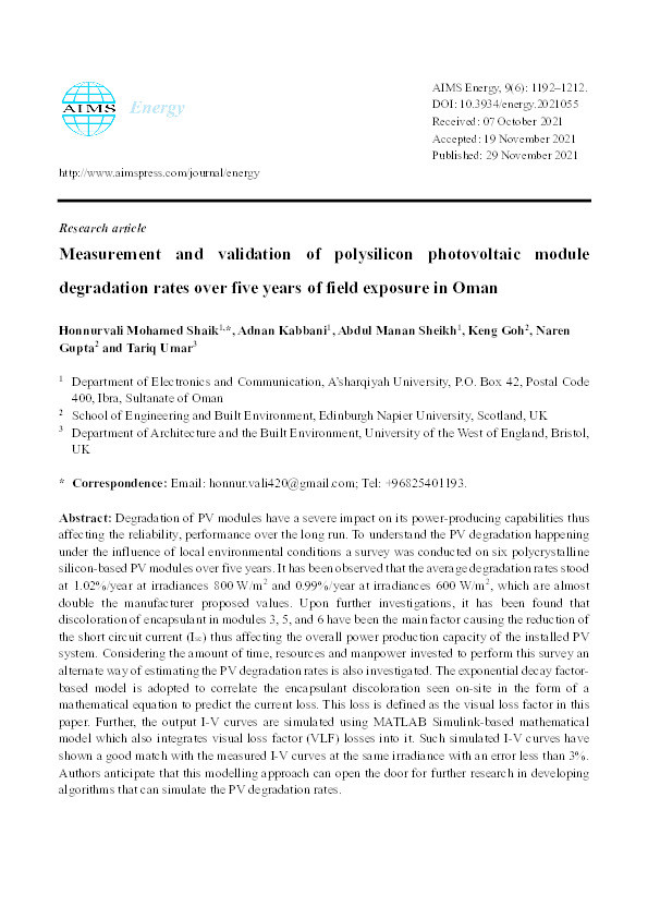 Measurement and validation of polysilicon photovoltaic module degradation rates over five years of field exposure in Oman Thumbnail