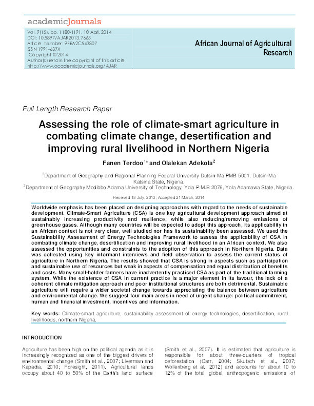 Assessing the role of climate-smart agriculture in combating climate change, desertification and improving rural livelihood in Northern Nigeria Thumbnail