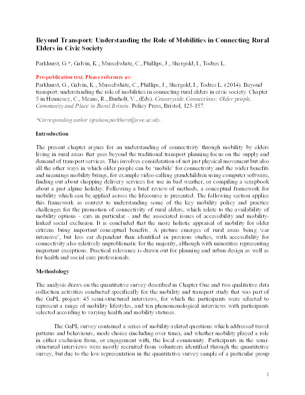 Beyond transport: Understanding the role of mobilities in connecting rural elders in civic society Thumbnail