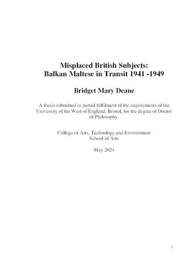 Misplaced British subjects: Balkan Maltese evacuees in transit 1941 - 1949 Thumbnail