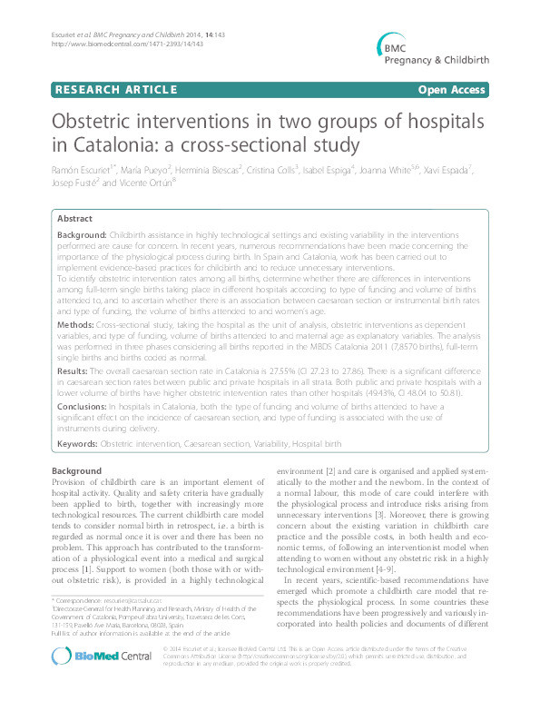 Obstetric interventions in two groups of hospitals in Catalonia: A cross-sectional study Thumbnail