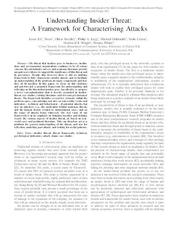 Understanding insider threat: A framework for characterising attacks Thumbnail