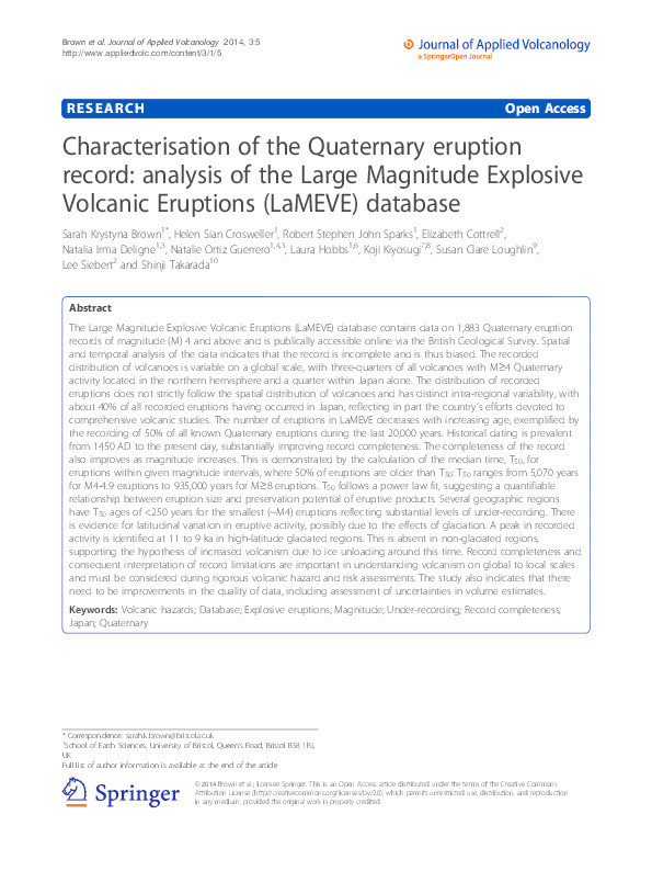 Characterisation of the Quaternary eruption record: Analysis of the Large Magnitude Explosive Volcanic Eruptions (LaMEVE) database Thumbnail