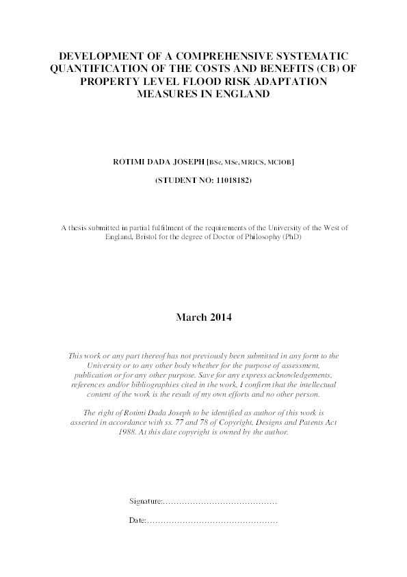 Development of a comprehensive systematic quantification of the costs and benefits (CB) of property level flood risk adaptation measures in England Thumbnail