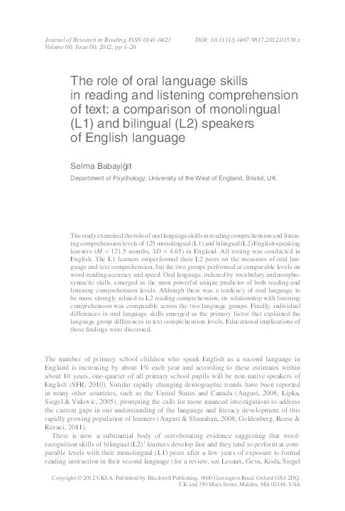 The role of oral language skills in reading and listening comprehension of text: A comparison of monolingual (L1) and bilingual (L2) speakers of English language Thumbnail