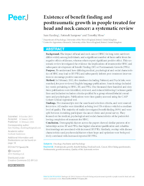 Existence of benefit finding and posttraumatic growth in people treated for head and neck cancer: A systematic review Thumbnail