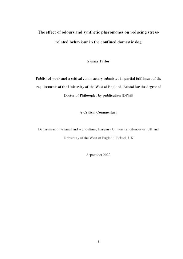 The effect of odours and synthetic pheromones on reducing stress-related behaviour in the confined domestic dog Thumbnail