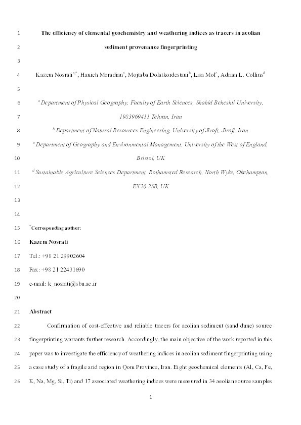 The efficiency of elemental geochemistry and weathering indices as tracers in aeolian sediment provenance fingerprinting Thumbnail