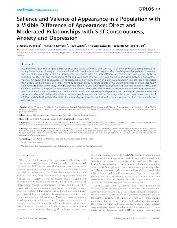 Salience and valence of appearance in a population with a visible difference of appearance: Direct and moderated relationships with self-consciousness, anxiety and depression Thumbnail