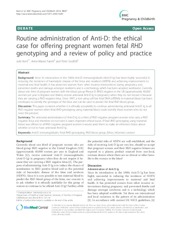 Routine administration of Anti-D: The ethical case for offering pregnant women fetal RHD genotyping and a review of policy and practice Thumbnail