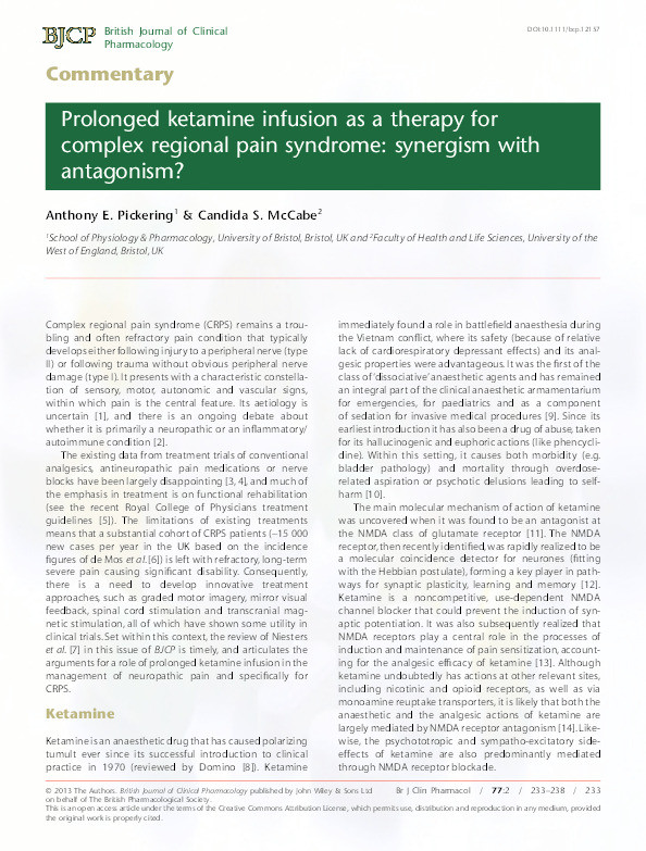 Prolonged ketamine infusion as a therapy for complex regional pain syndrome: Synergism with antagonism? Thumbnail