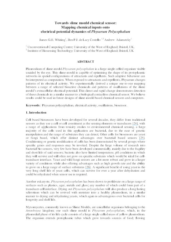 Towards slime mould chemical sensor: Mapping chemical inputs onto electrical potential dynamics of Physarum Polycephalum Thumbnail