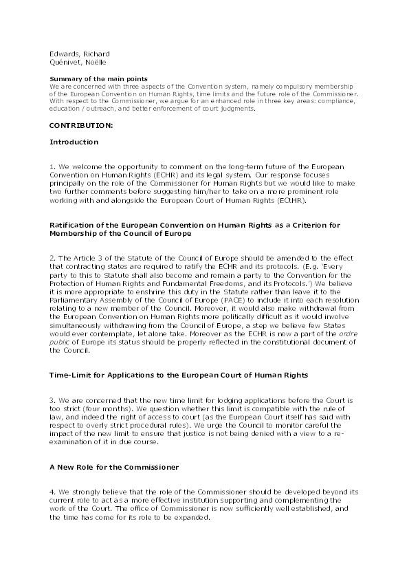 Submission of Eurorights to the council of Europe call for information, proposals and views on the longer-term future of the system of the ECHR and the ECtHR Thumbnail