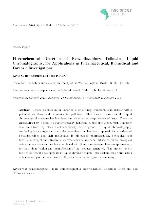 Electrochemical detection of benzodiazepines, following liquid chromatography, for applications in pharmaceutical, biomedical and forensic investigations Thumbnail