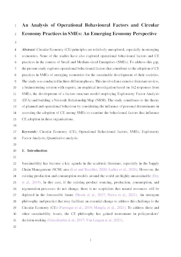 An analysis of operational behavioural factors and circular economy practices in SMEs: An emerging economy perspective Thumbnail