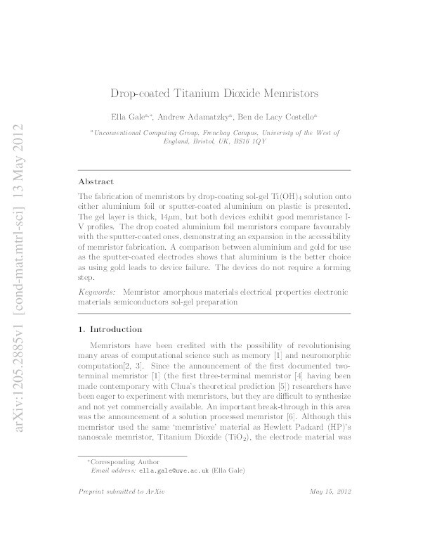 Drop-coated titanium dioxide memristors Thumbnail