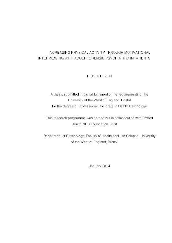 Increasing physical activity through motivational interviewing with adult forensic psychiatric inpatients Thumbnail