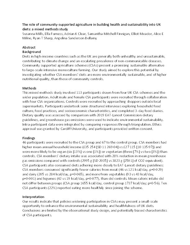 The role of community-supported agriculture in building health and sustainability into UK diets: A mixed methods study Thumbnail