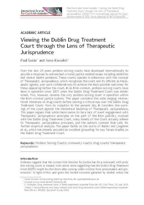 Viewing the Dublin Drug Treatment Court through the lens of therapeutic jurisprudence Thumbnail